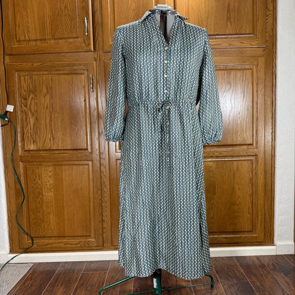 J. McLaughlin Green Blue Geometric Silk Shirt Dress Drawstring Waist L - Picture 1 of 13